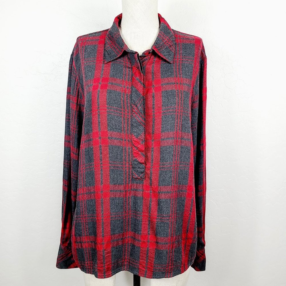 CABI Cunningham Blouse L Red Gray Plaid Popover Hi-Low 1/4 Button-Front Shirt - Picture 1 of 8